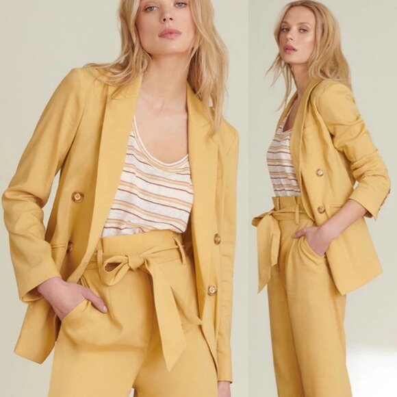 NEW Veronica Beard Double Breasted Linen Blazer Jacket Yellow Boyfriend Size‎ 8 - Picture 1 of 15
